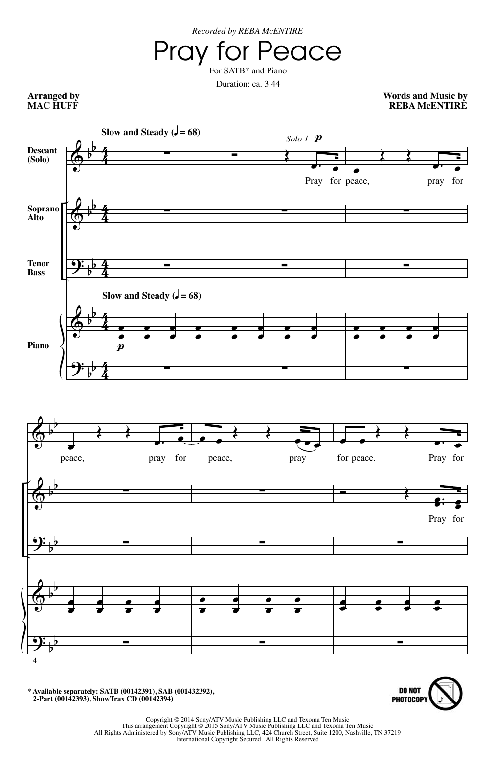 Download Reba McEntire Pray For Peace (arr. Mac Huff) Sheet Music and learn how to play SATB PDF digital score in minutes