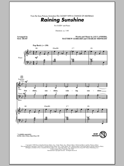 Download Mac Huff Raining Sunshine (from Cloudy With A Chance Of Meatballs) Sheet Music and learn how to play 2-Part Choir PDF digital score in minutes