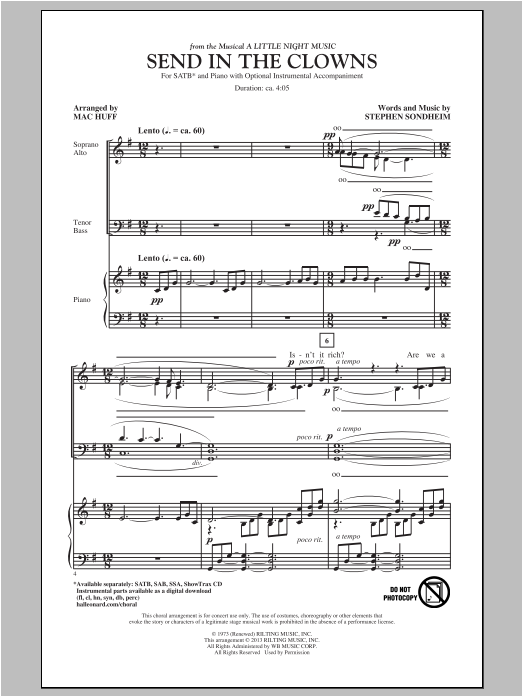 Download Stephen Sondheim Send In The Clowns (arr. Mac Huff) Sheet Music and learn how to play SSA PDF digital score in minutes