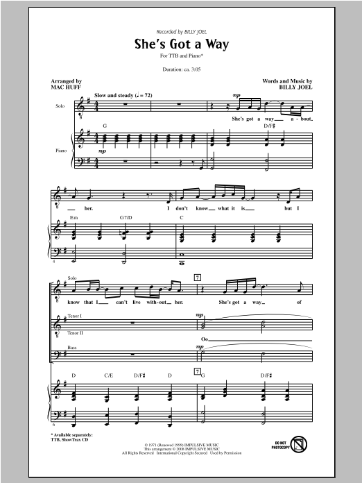 Download Billy Joel She's Got A Way (arr. Mac Huff) Sheet Music and learn how to play TTBB PDF digital score in minutes