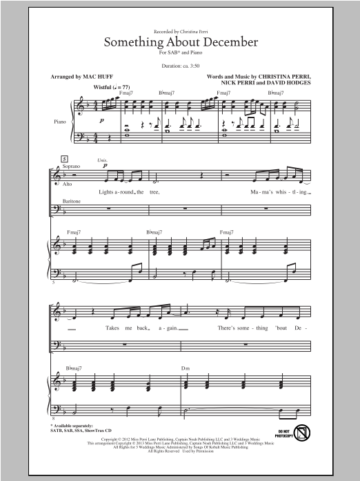 Download Christina Perri Something About December (arr. Mac Huff) Sheet Music and learn how to play SAB PDF digital score in minutes