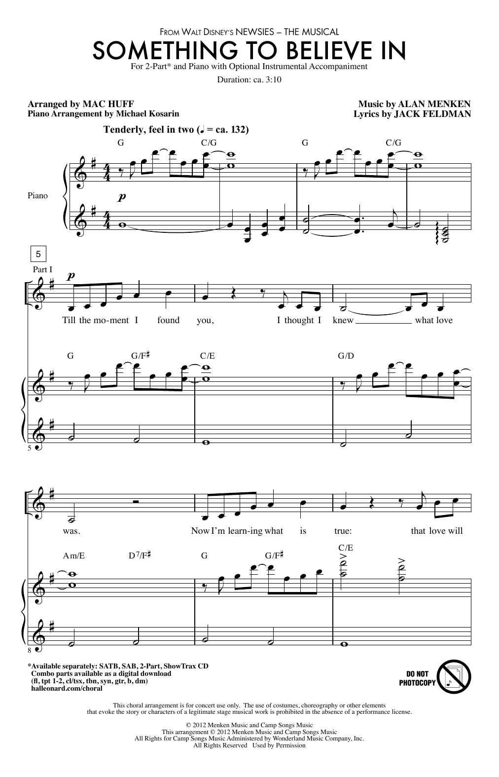 Download Alan Menken Something To Believe In (arr. Mac Huff) Sheet Music and learn how to play 2-Part Choir PDF digital score in minutes