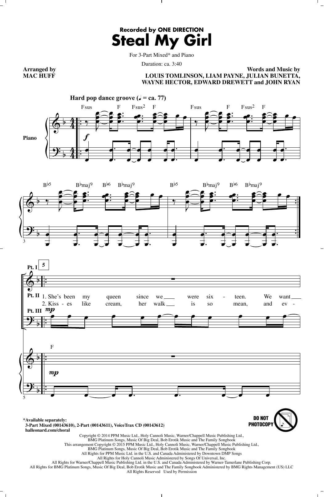 Download One Direction Steal My Girl (arr. Mac Huff) Sheet Music and learn how to play 3-Part Mixed PDF digital score in minutes