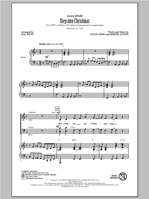 Download Elton John Step Into Christmas (arr. Mac Huff) Sheet Music and learn how to play SATB PDF digital score in minutes