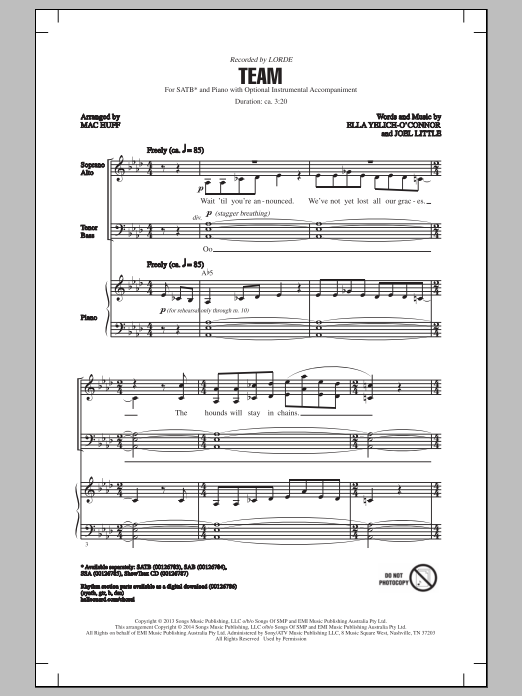 Download Lorde Team (arr. Mac Huff) Sheet Music and learn how to play SSA PDF digital score in minutes