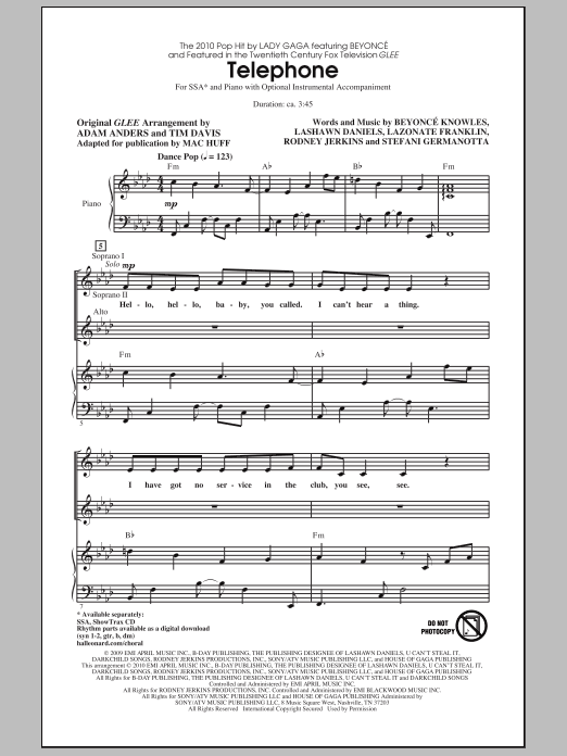 Download Mac Huff Telephone Sheet Music and learn how to play SSA Choir PDF digital score in minutes