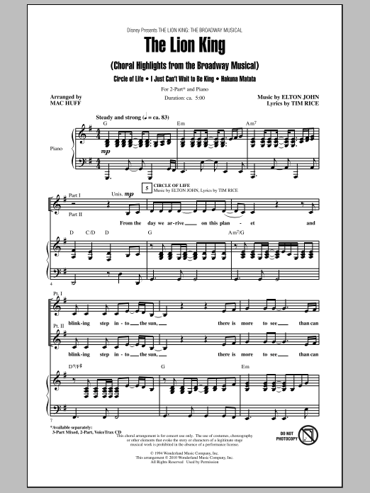 Download Mac Huff The Lion King (Broadway Musical Highlights) Sheet Music and learn how to play 2-Part Choir PDF digital score in minutes