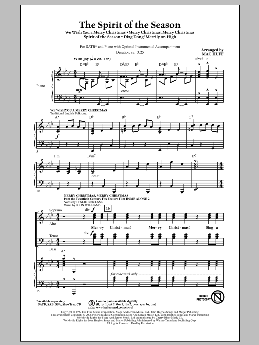 Download Mac Huff The Spirit of the Season (Medley) Sheet Music and learn how to play SAB PDF digital score in minutes