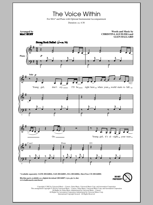 Download Christina Aguilera The Voice Within (arr. Mac Huff) Sheet Music and learn how to play SSA PDF digital score in minutes
