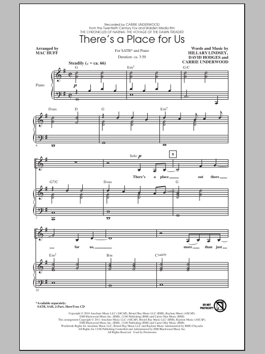 Download Carrie Underwood There's A Place For Us (arr. Mac Huff) Sheet Music and learn how to play 2-Part Choir PDF digital score in minutes