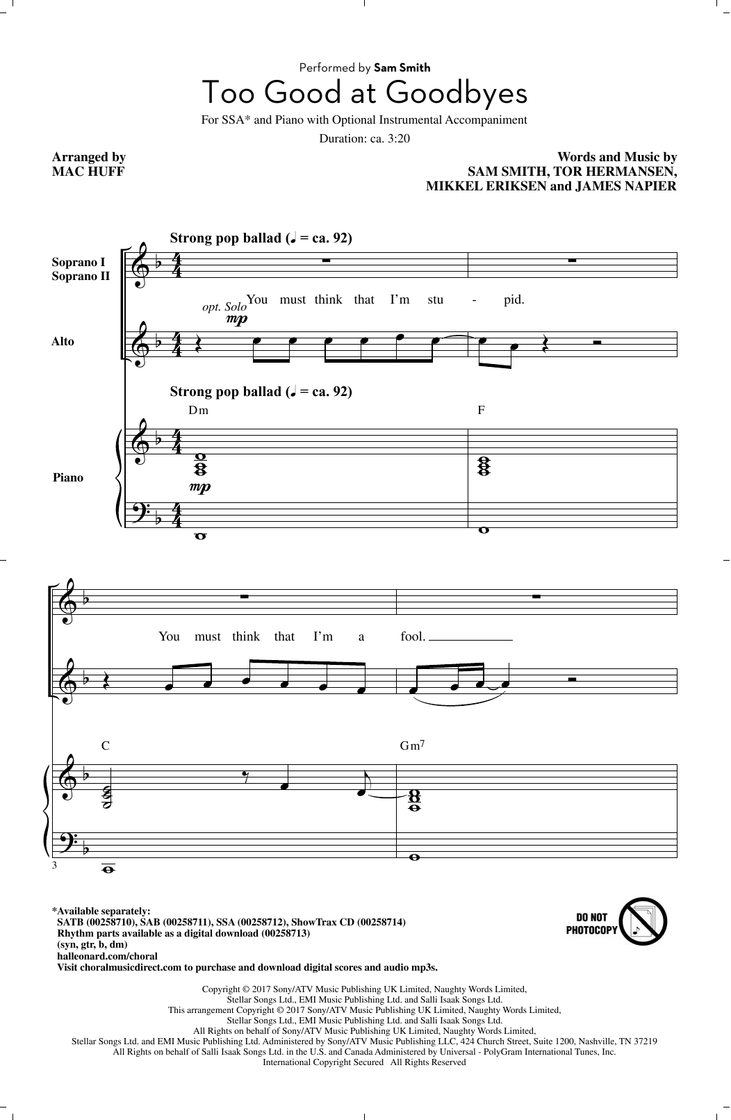 Download Mac Huff Too Good At Goodbyes Sheet Music and learn how to play SSA PDF digital score in minutes