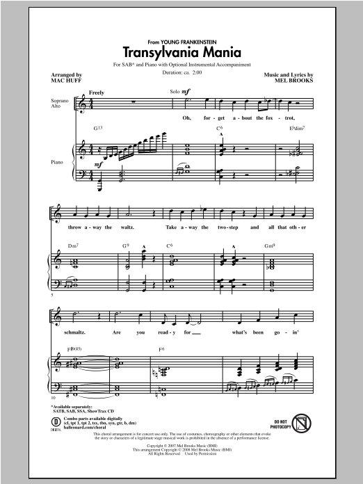 Download Mel Brooks Transylvania Mania (arr. Mac Huff) Sheet Music and learn how to play SAB PDF digital score in minutes