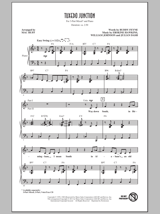 Download The Manhattan Transfer Tuxedo Junction (arr. Mac Huff) Sheet Music and learn how to play 3-Part Mixed PDF digital score in minutes