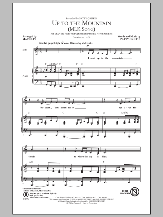 Download Mac Huff Up To The Mountain (MLK Song) Sheet Music and learn how to play SSA PDF digital score in minutes