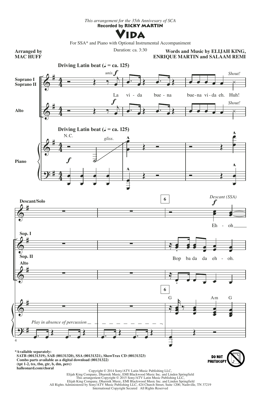 Download Ricky Martin Vida (arr. Mac Huff) Sheet Music and learn how to play SATB PDF digital score in minutes