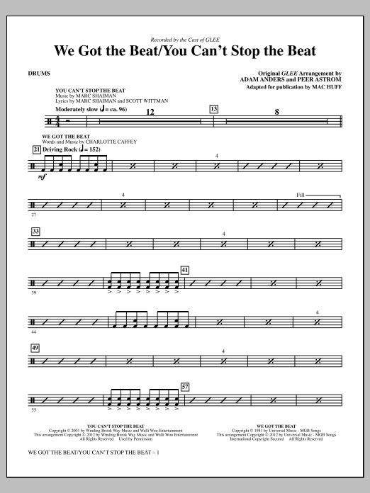 Download Mac Huff We Got The Beat / You Can't Stop The Beat - Drums Sheet Music and learn how to play Choir Instrumental Pak PDF digital score in minutes