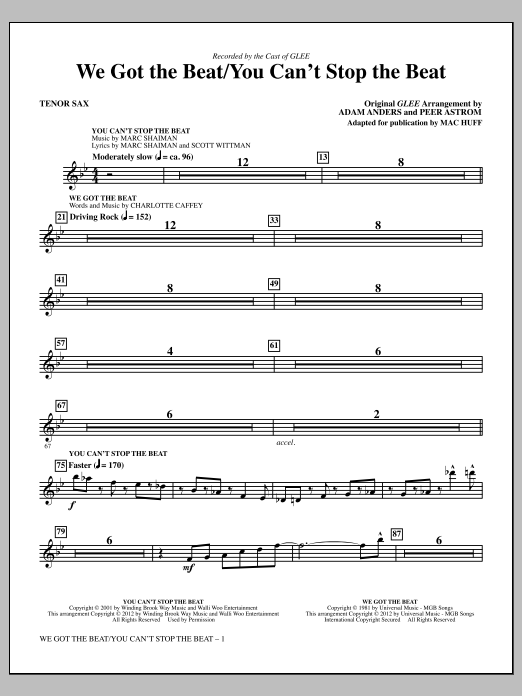 Download Mac Huff We Got The Beat / You Can't Stop The Beat - Tenor Sax Sheet Music and learn how to play Choir Instrumental Pak PDF digital score in minutes