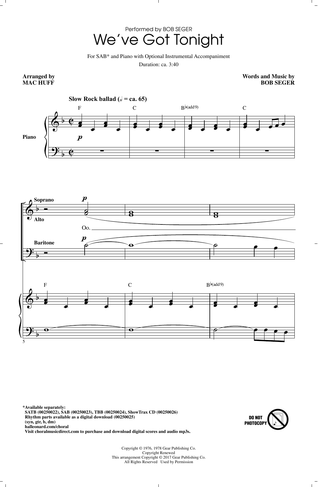 Download Mac Huff We've Got Tonight Sheet Music and learn how to play SAB PDF digital score in minutes