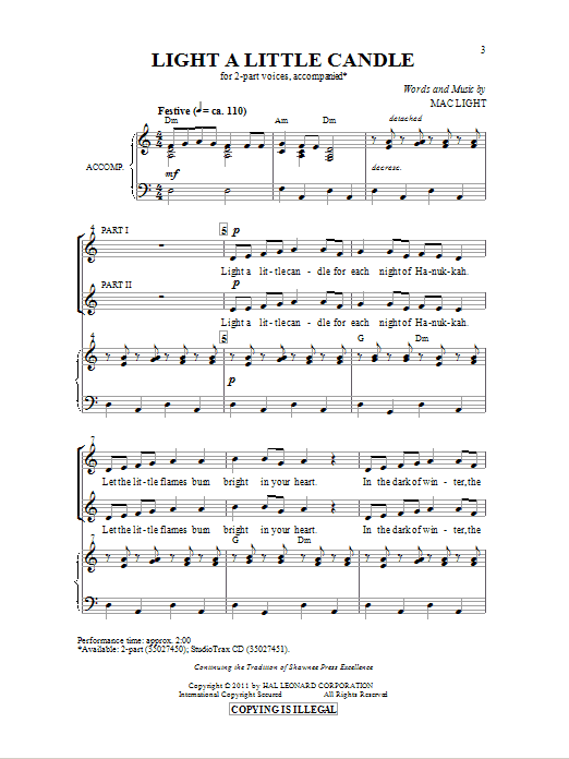 Download Mac Light Light A Little Candle Sheet Music and learn how to play 2-Part Choir PDF digital score in minutes