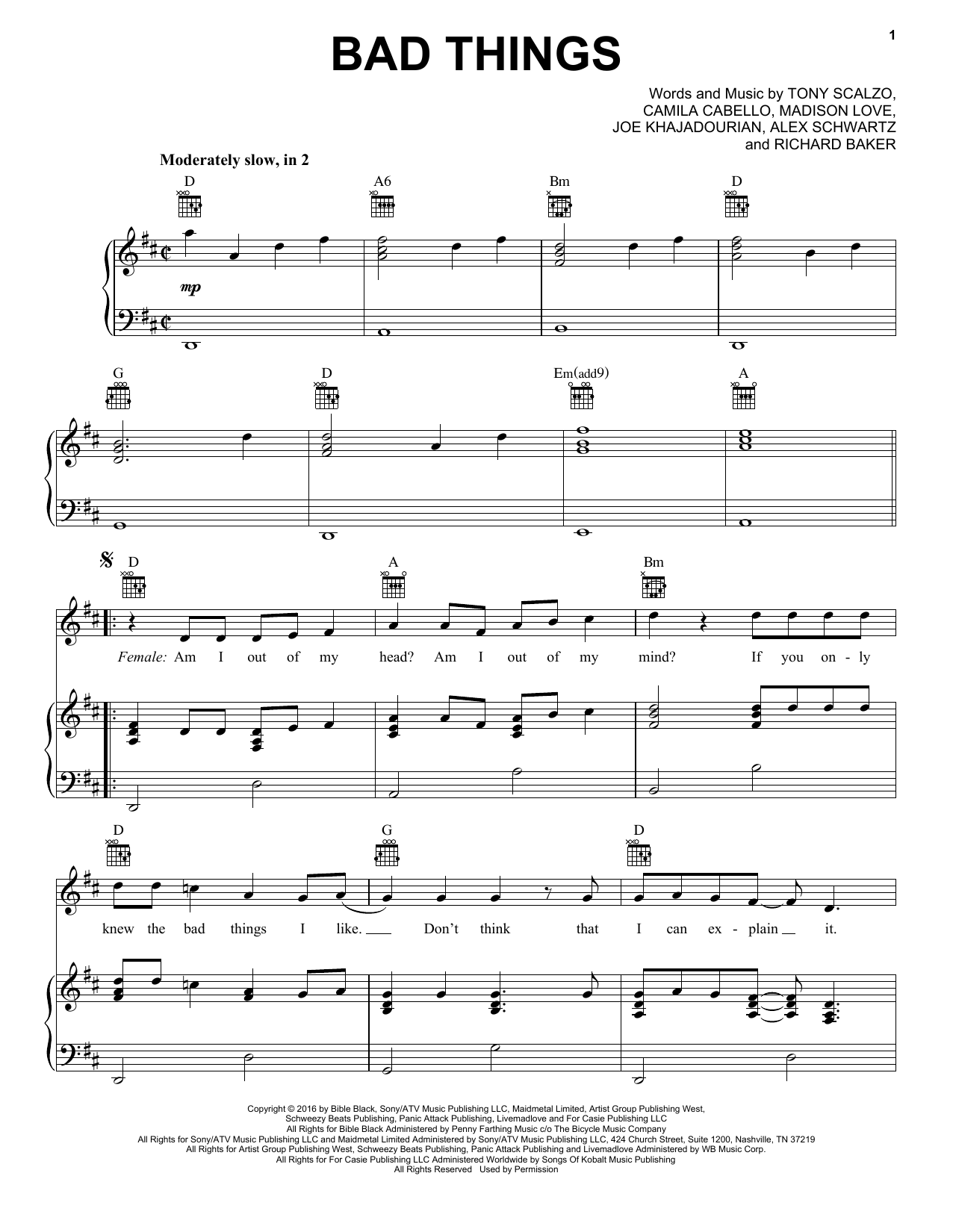 Download Machine Gun Kelly and Camila Cabello Bad Things Sheet Music and learn how to play Piano, Vocal & Guitar (Right-Hand Melody) PDF digital score in minutes