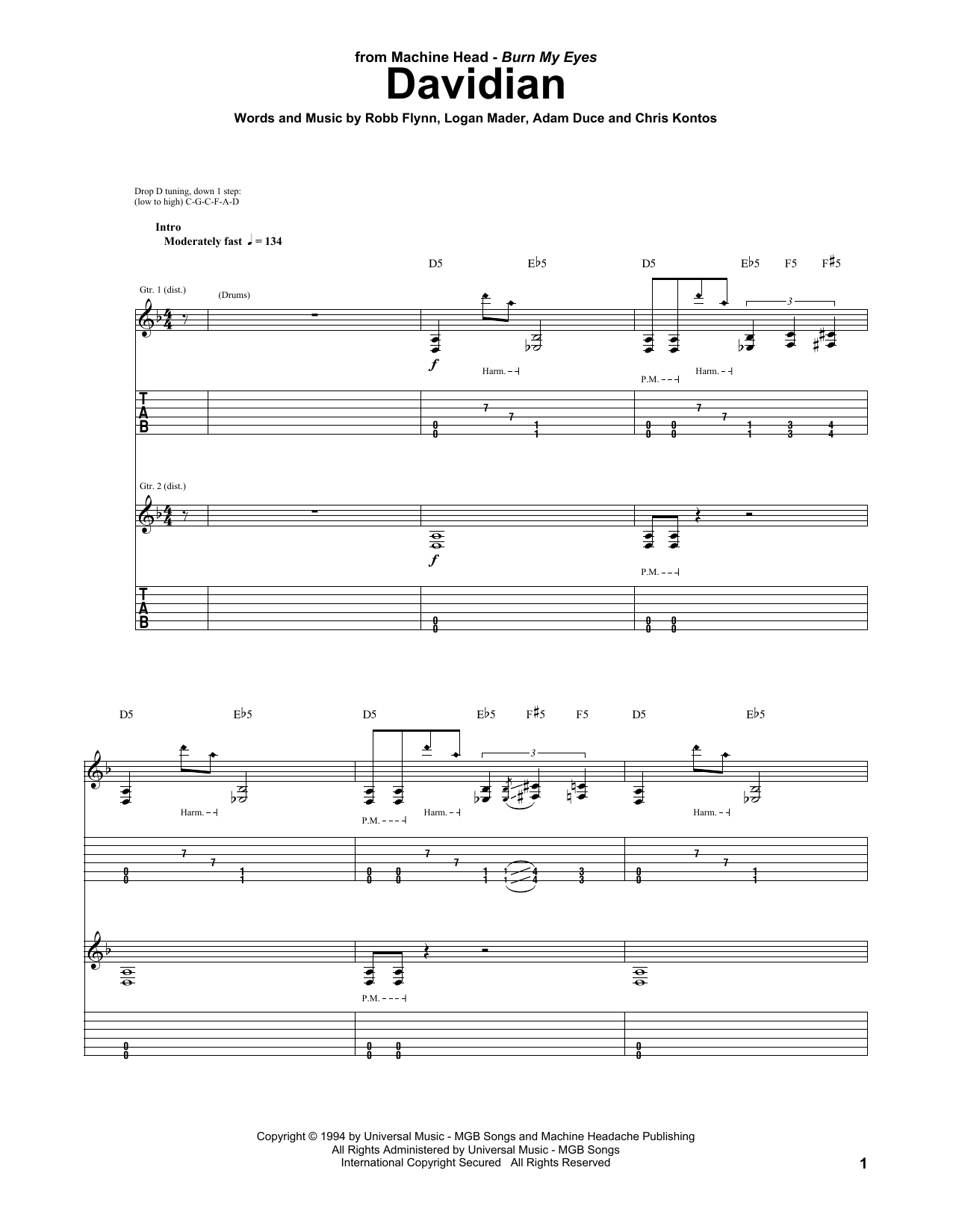 Download Machine Head Davidian Sheet Music and learn how to play Guitar Tab PDF digital score in minutes