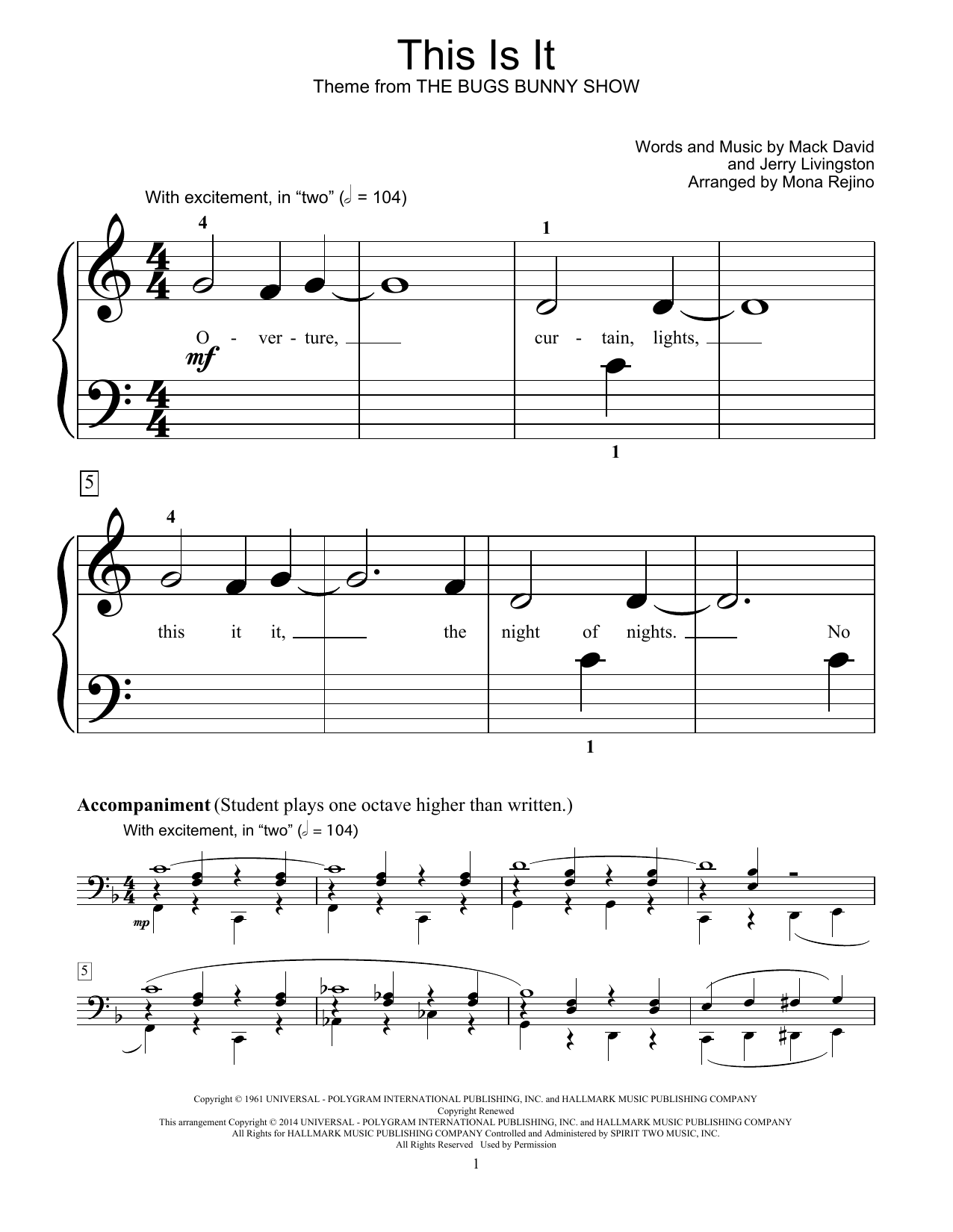 Download Mona Rejino This Is It Sheet Music and learn how to play Easy Piano PDF digital score in minutes