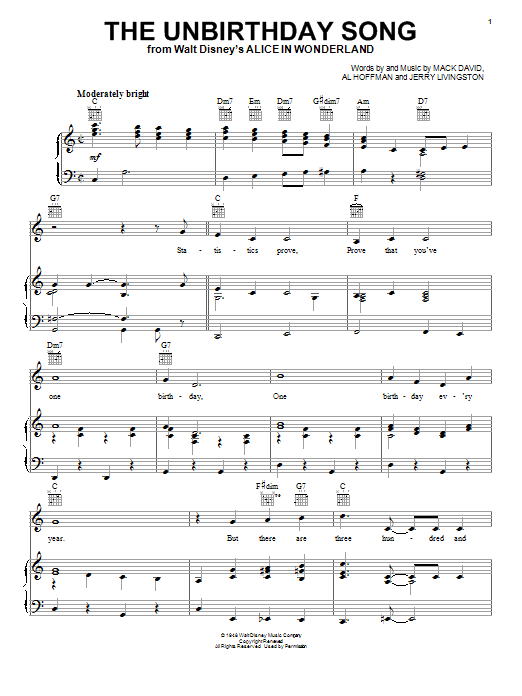 Download Jerry Livingston The Unbirthday Song Sheet Music and learn how to play Piano & Vocal PDF digital score in minutes
