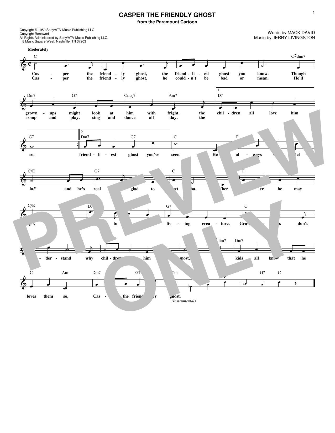 Download Mack David Casper The Friendly Ghost Sheet Music and learn how to play Melody Line, Lyrics & Chords PDF digital score in minutes