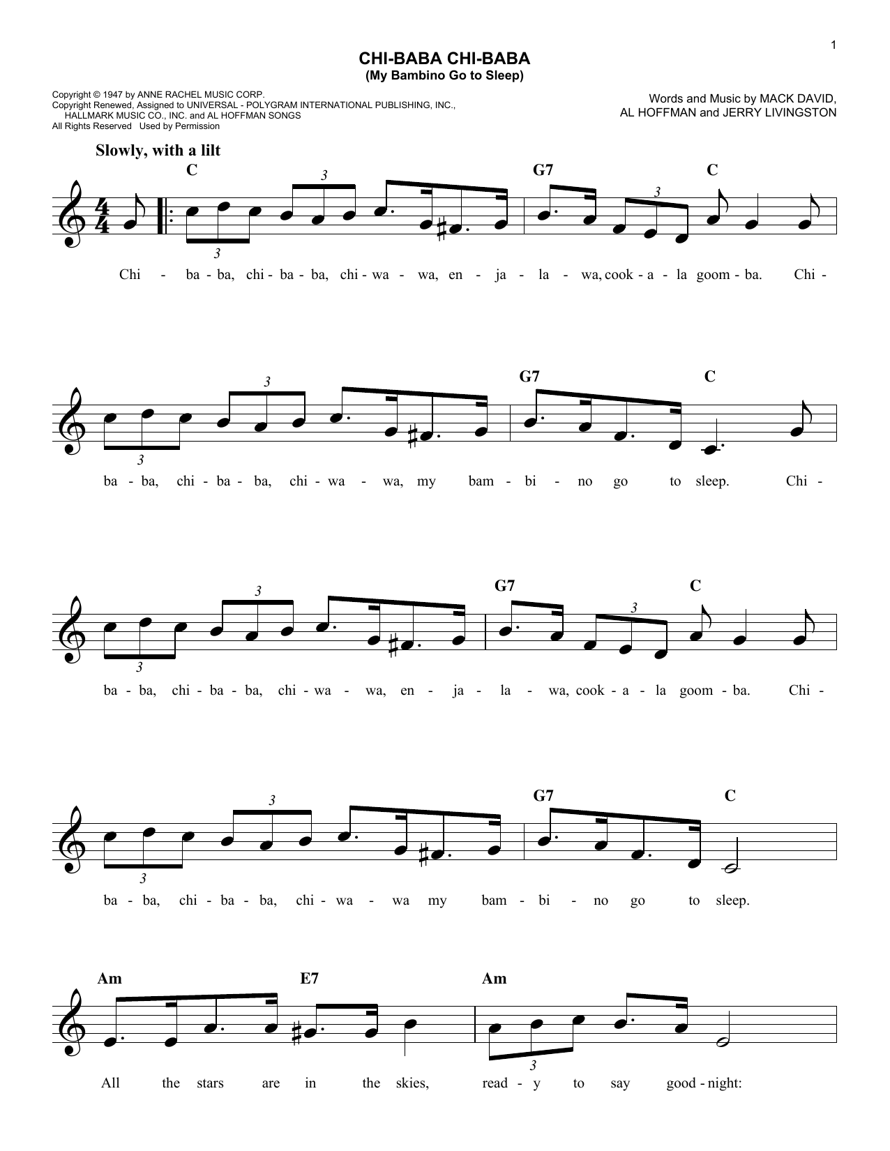 Download Mack David Chi-Baba Chi-Baba (My Bambino Go To Sleep) Sheet Music and learn how to play Melody Line, Lyrics & Chords PDF digital score in minutes