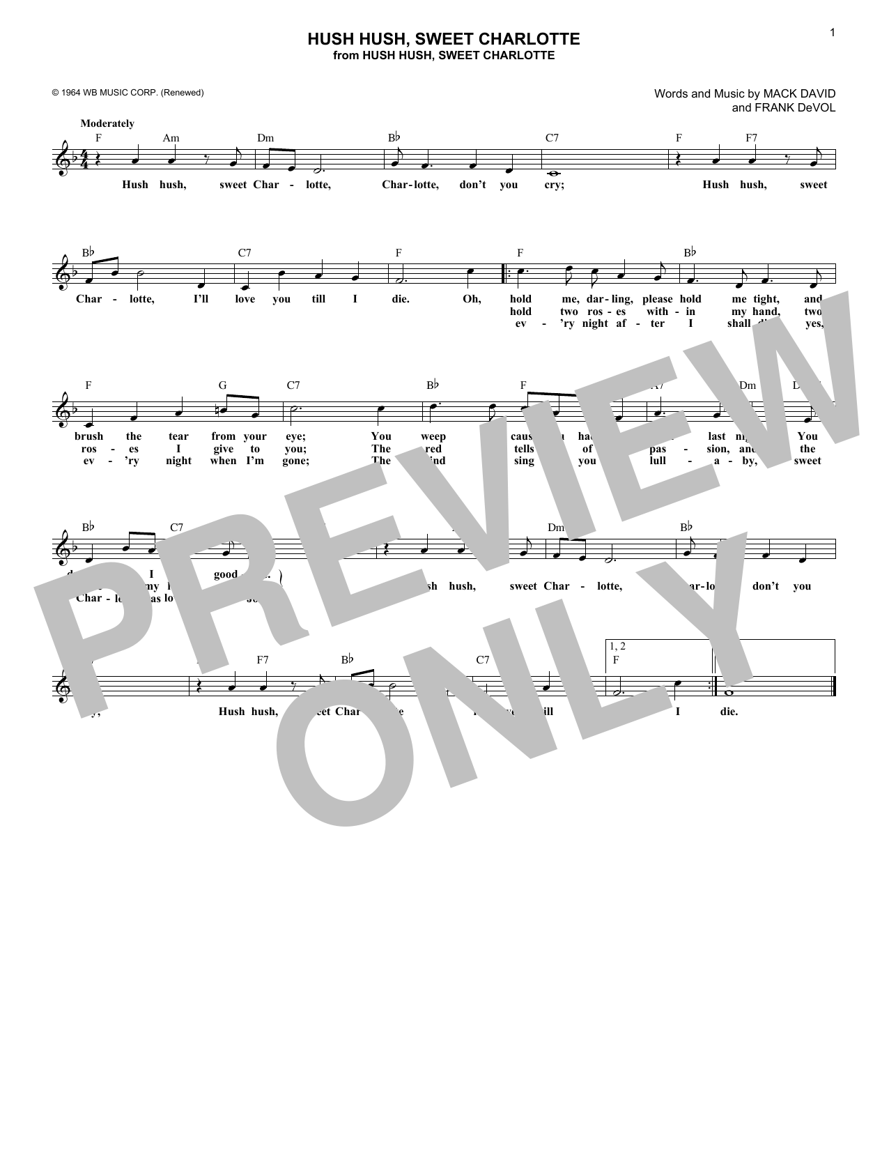 Download Mack David Hush, Hush Sweet Charlotte Sheet Music and learn how to play Melody Line, Lyrics & Chords PDF digital score in minutes