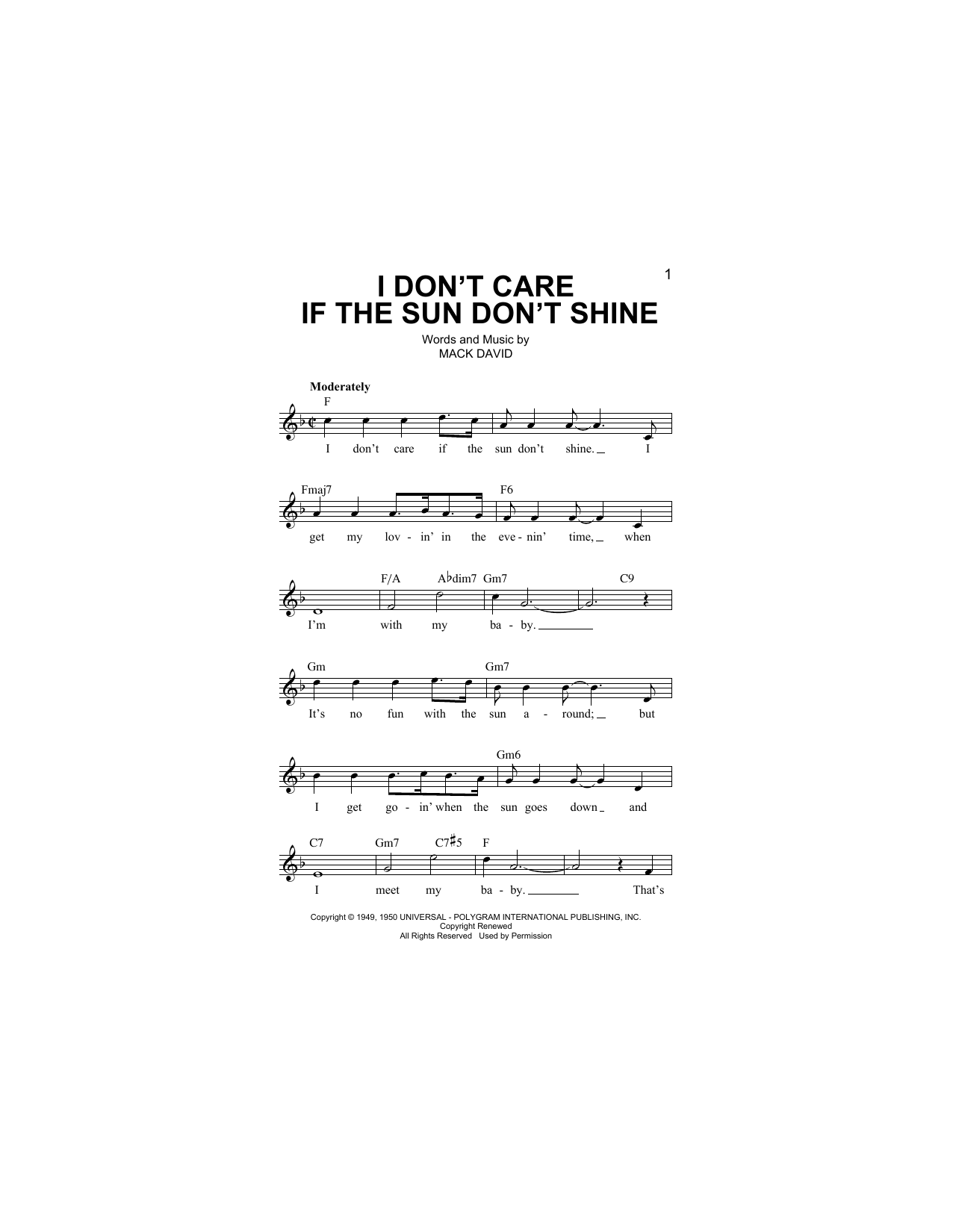 Download Mack David I Don't Care If The Sun Don't Shine Sheet Music and learn how to play Melody Line, Lyrics & Chords PDF digital score in minutes