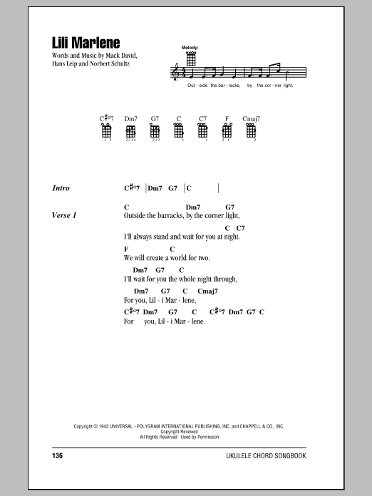 Download Mack David Lili Marlene Sheet Music and learn how to play Ukulele with strumming patterns PDF digital score in minutes