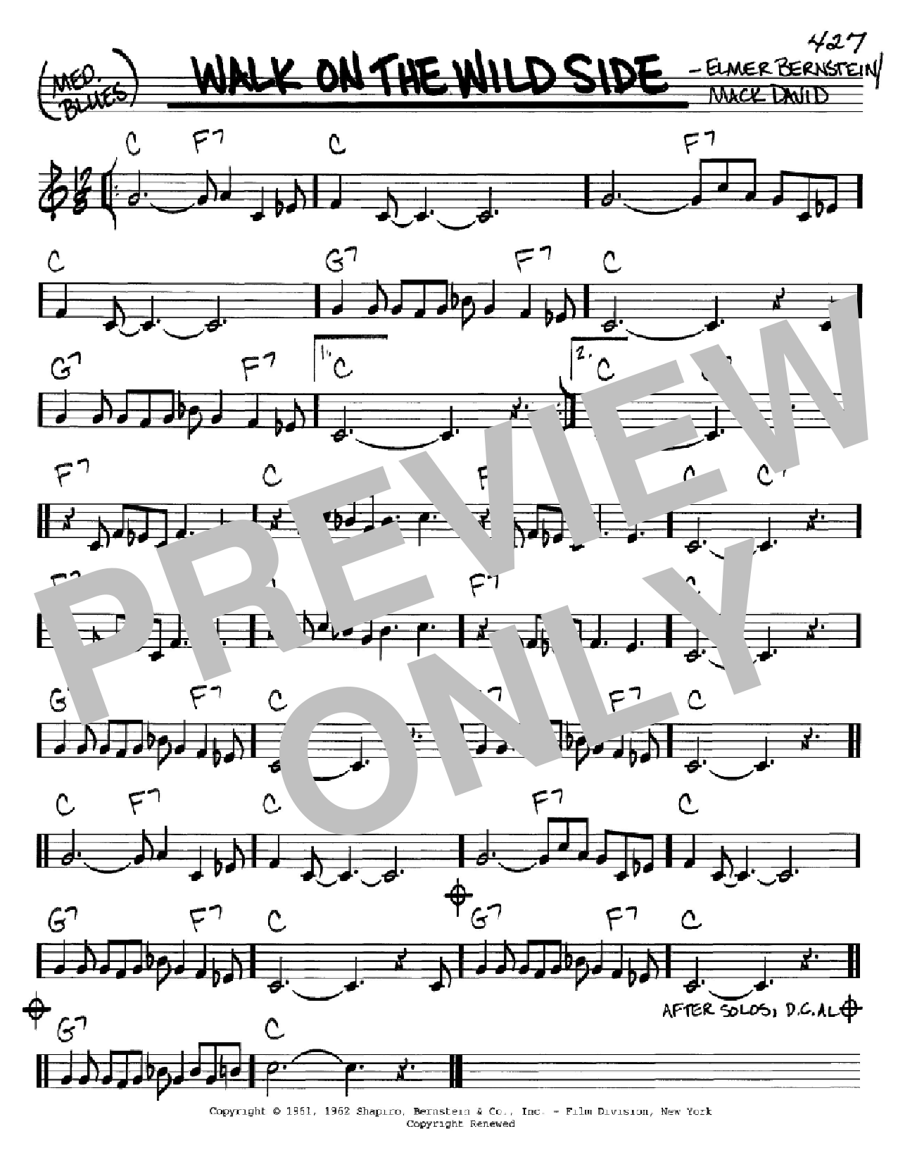 Download Mack David Walk On The Wild Side Sheet Music and learn how to play Real Book - Melody & Chords - C Instruments PDF digital score in minutes