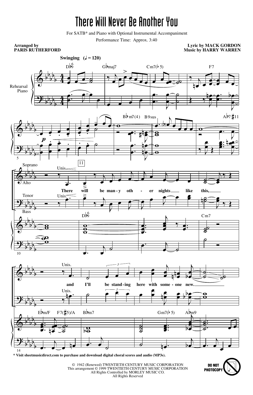 Download Mack Gordon and Harry Warren There Will Never Be Another You (arr. Paris Rutherford) Sheet Music and learn how to play SATB Choir PDF digital score in minutes