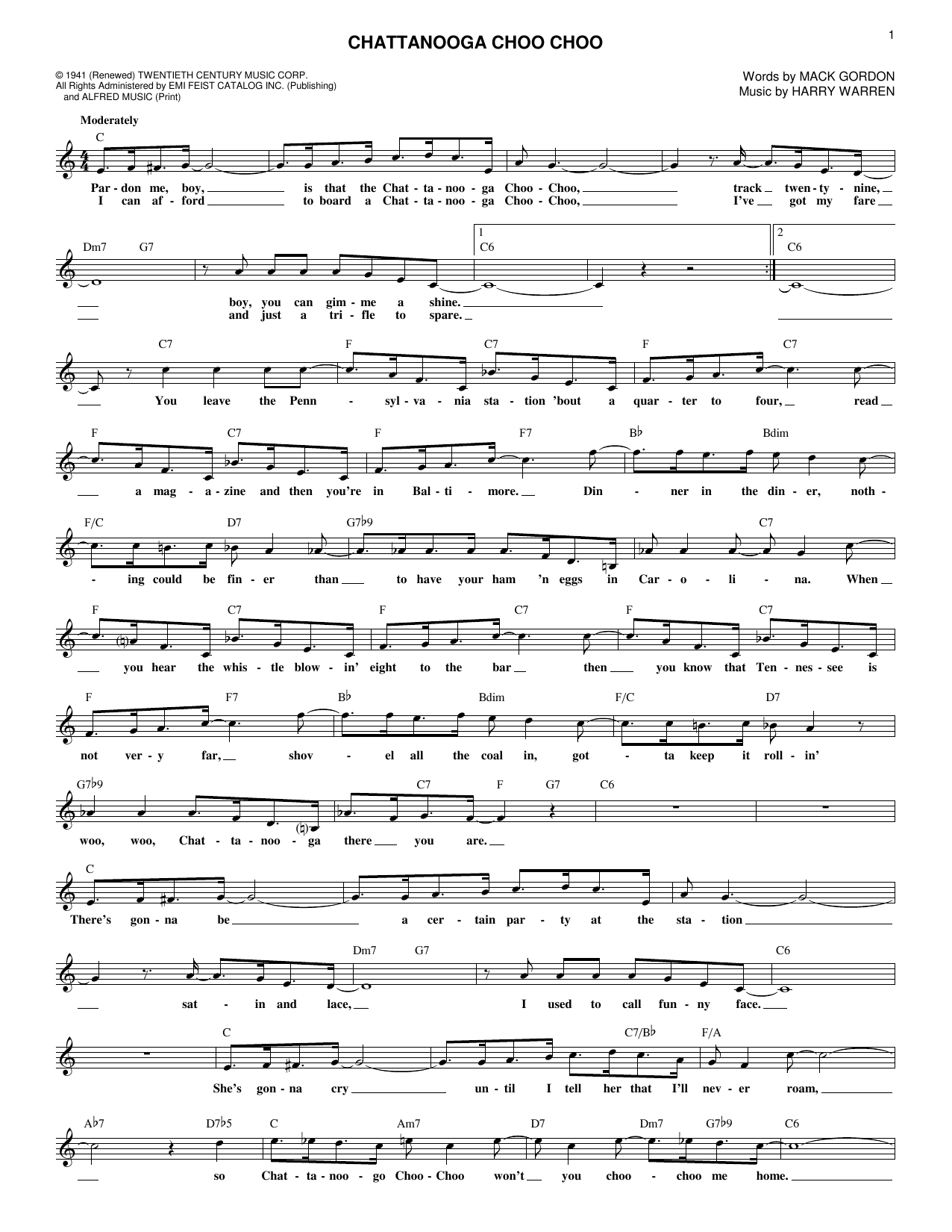 Download Mack Gordon Chattanooga Choo Choo Sheet Music and learn how to play Melody Line, Lyrics & Chords PDF digital score in minutes