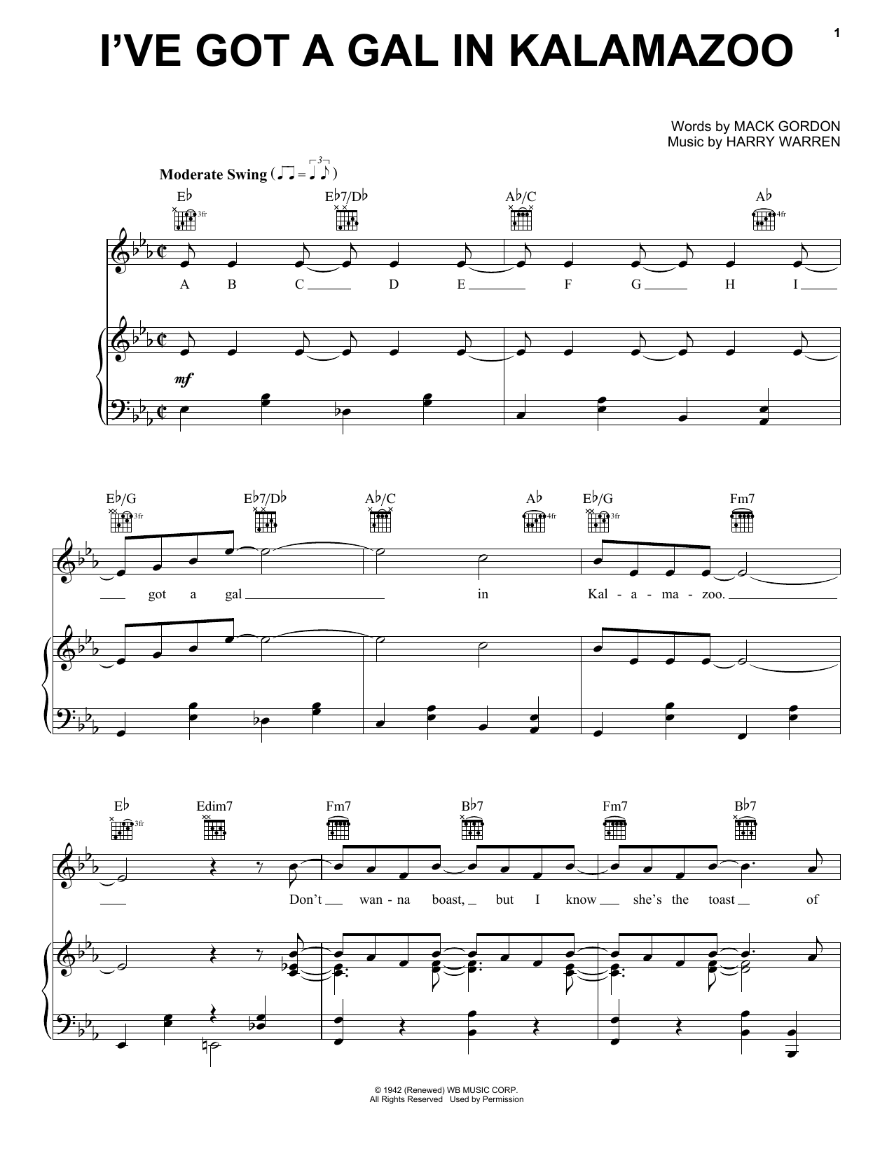 Download Mack Gordon I've Got A Gal In Kalamazoo Sheet Music and learn how to play Piano, Vocal & Guitar (Right-Hand Melody) PDF digital score in minutes