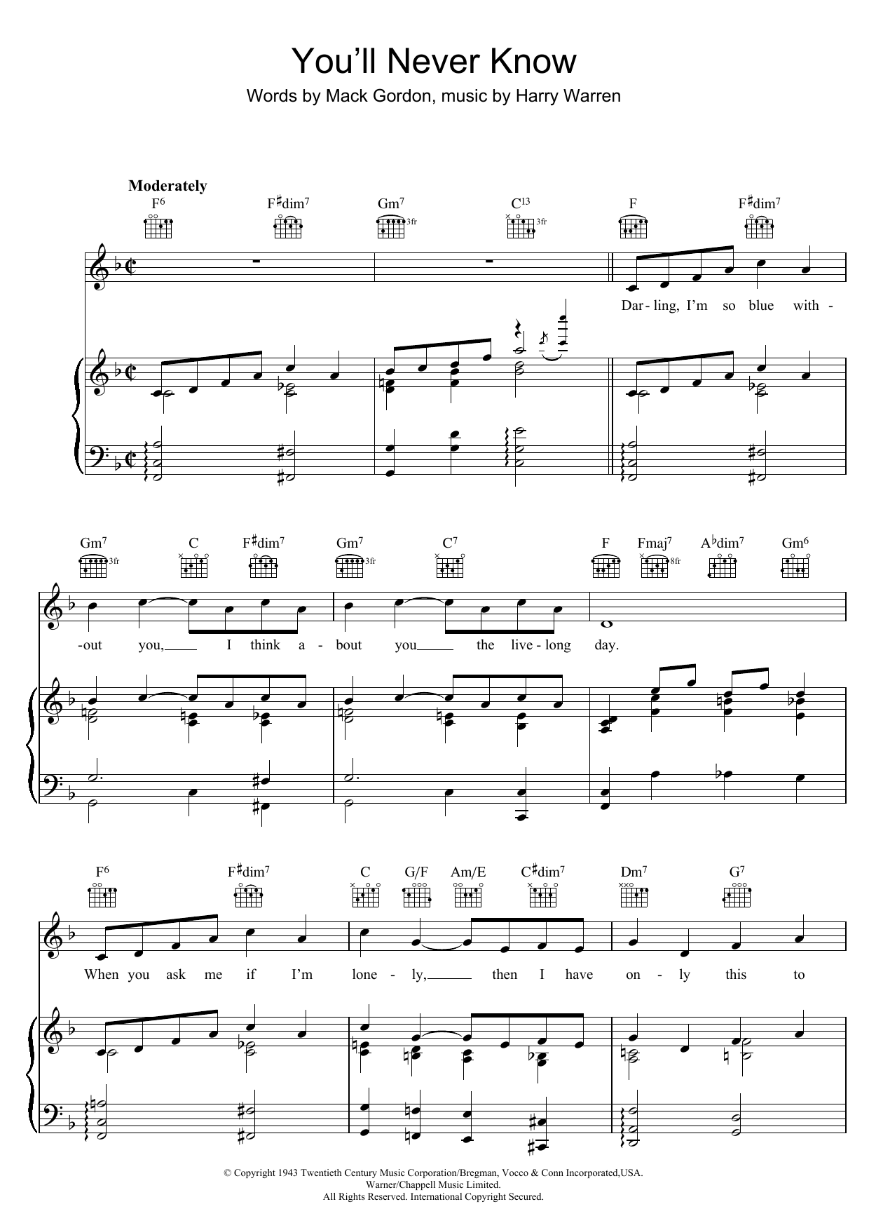Download Mack Gordon You'll Never Know Sheet Music and learn how to play Piano, Vocal & Guitar (Right-Hand Melody) PDF digital score in minutes