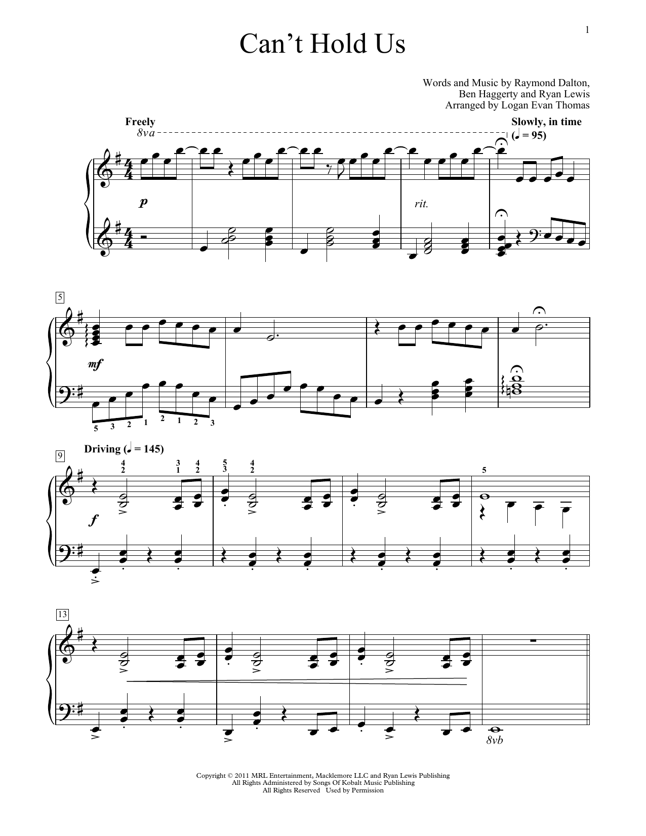 Download Macklemore & Ryan Lewis Can't Hold Us (arr. Logan Evan Thomas) Sheet Music and learn how to play Educational Piano PDF digital score in minutes