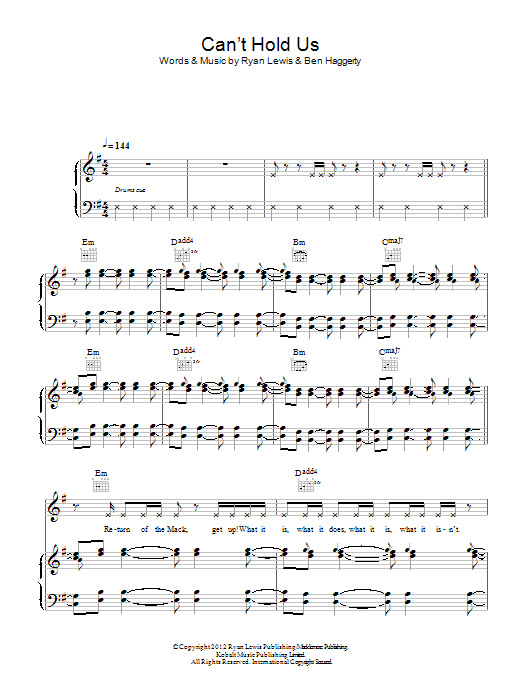 Download Macklemore & Ryan Lewis Can't Hold Us Sheet Music and learn how to play Piano, Vocal & Guitar (Right-Hand Melody) PDF digital score in minutes