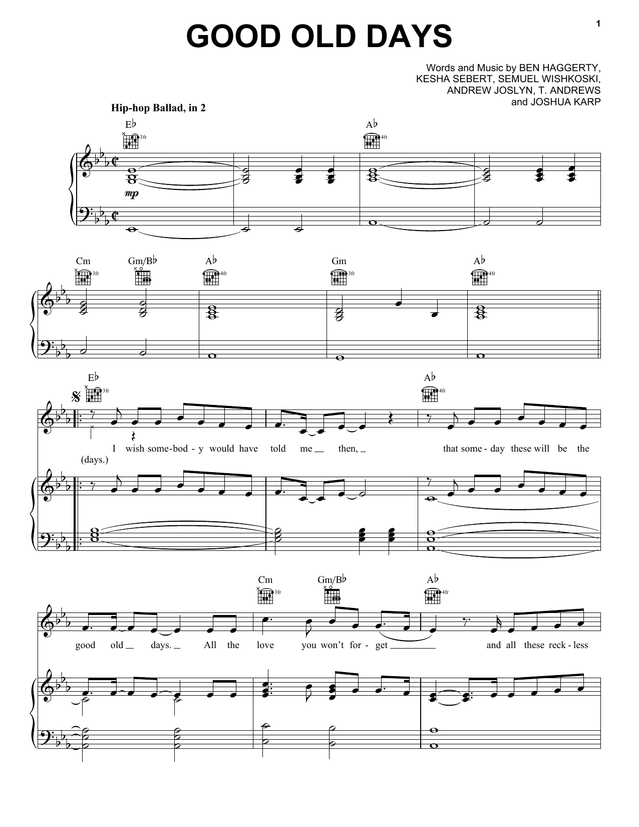 Download Macklemore ft. Kesha Good Old Days Sheet Music and learn how to play Piano, Vocal & Guitar (Right-Hand Melody) PDF digital score in minutes