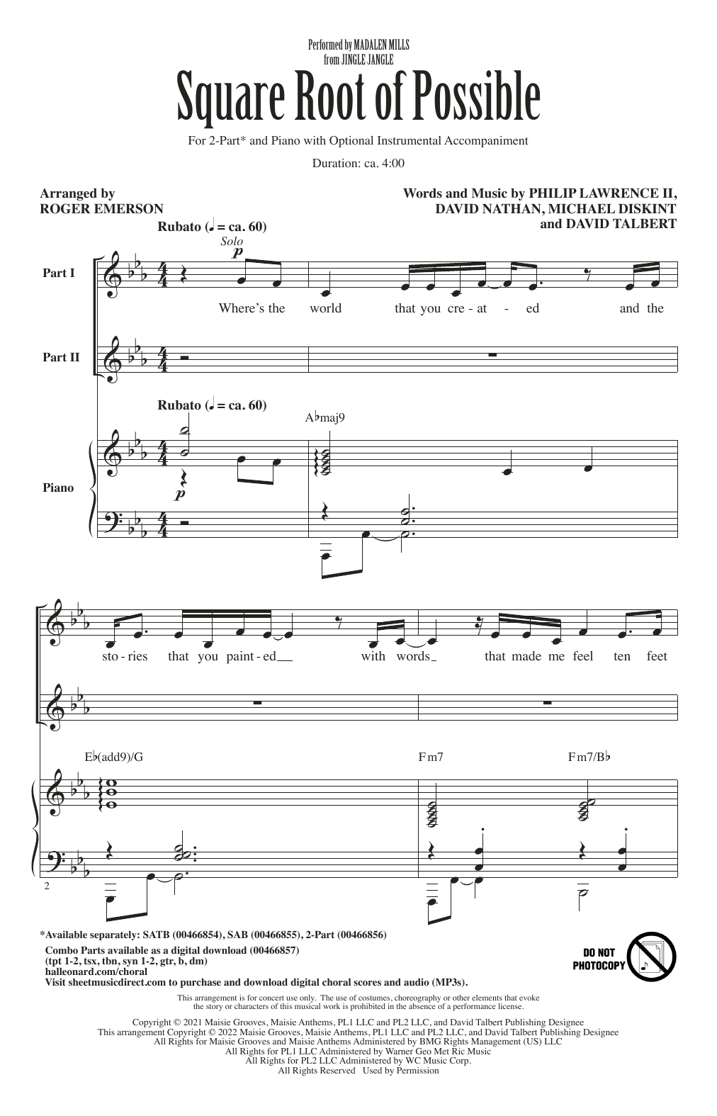 Download Madalen Mills Square Root Of Possible (from Jingle Jangle) (arr. Roger Emerson) Sheet Music and learn how to play 2-Part Choir PDF digital score in minutes
