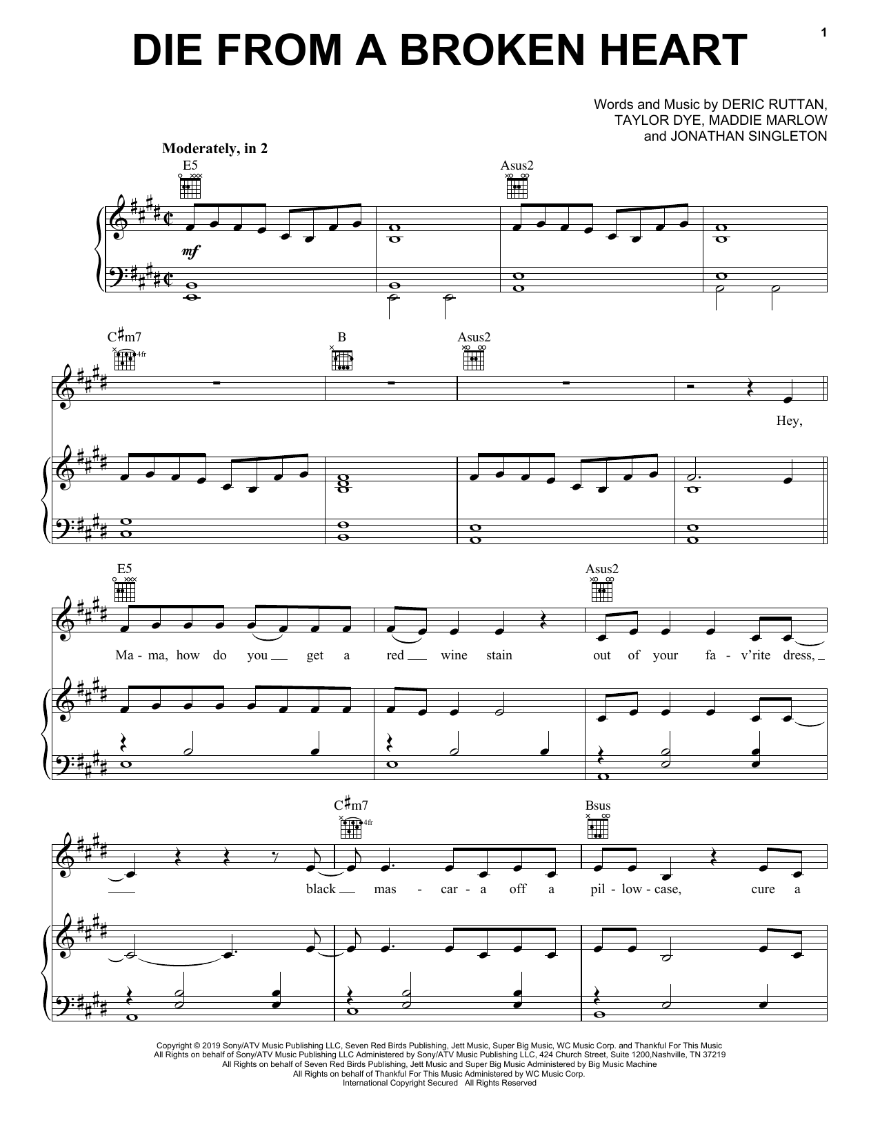 Download Maddie & Tae Die From A Broken Heart Sheet Music and learn how to play Piano, Vocal & Guitar Chords (Right-Hand Melody) PDF digital score in minutes