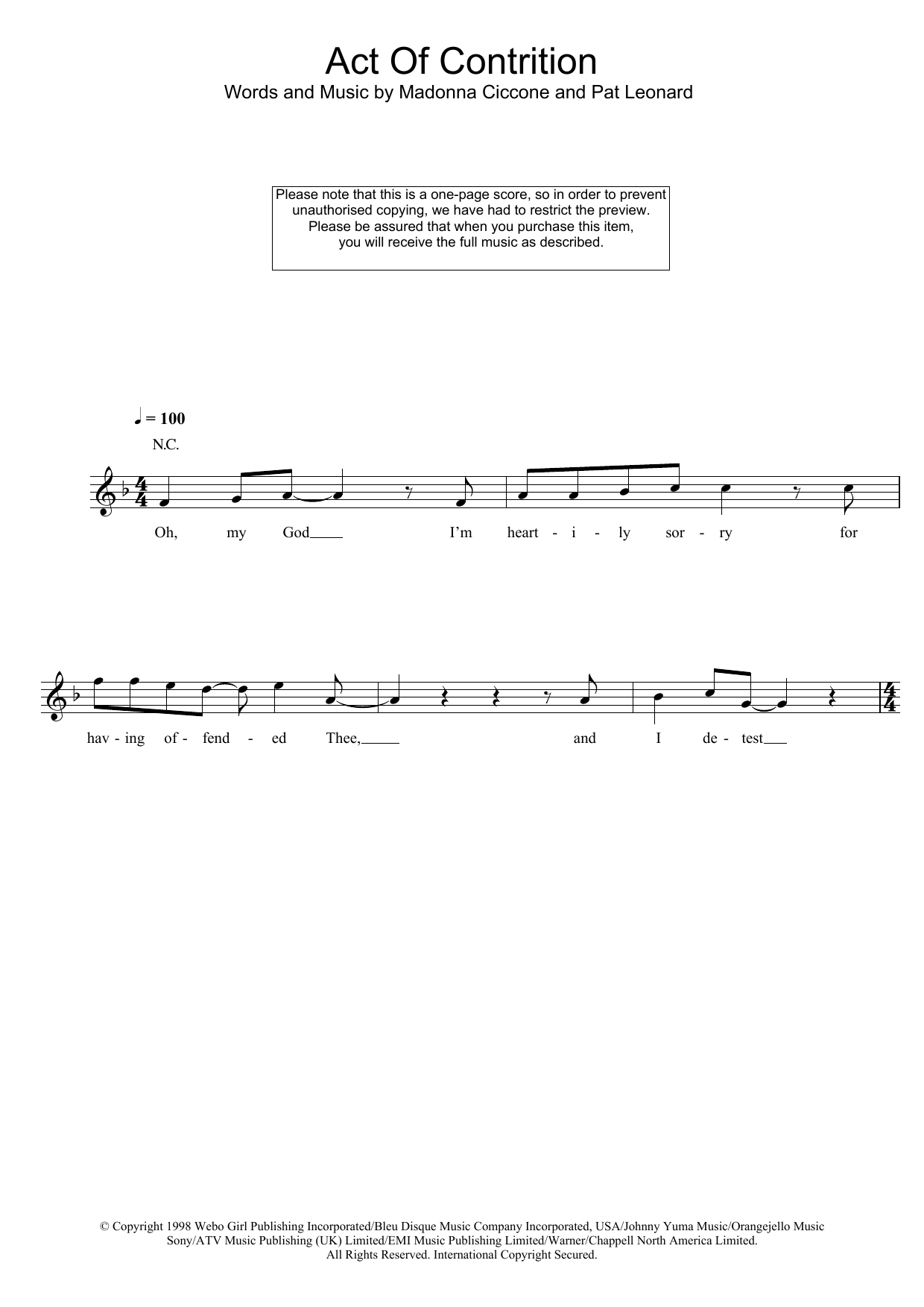 Download Madonna Act Of Contrition Sheet Music and learn how to play Melody Line, Lyrics & Chords PDF digital score in minutes