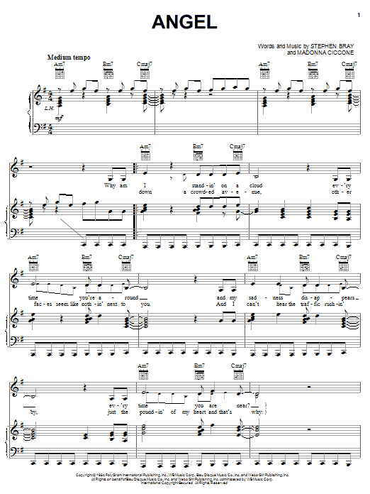 Download Madonna Angel Sheet Music and learn how to play Piano, Vocal & Guitar (Right-Hand Melody) PDF digital score in minutes