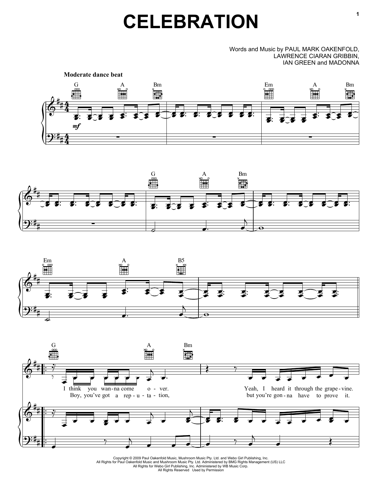 Download Madonna Celebration Sheet Music and learn how to play Piano, Vocal & Guitar (Right-Hand Melody) PDF digital score in minutes