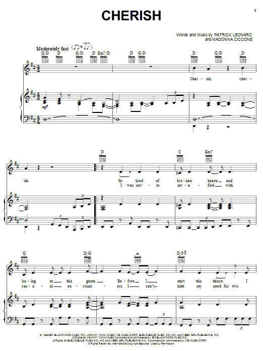 Download Madonna Cherish Sheet Music and learn how to play Keyboard Transcription PDF digital score in minutes