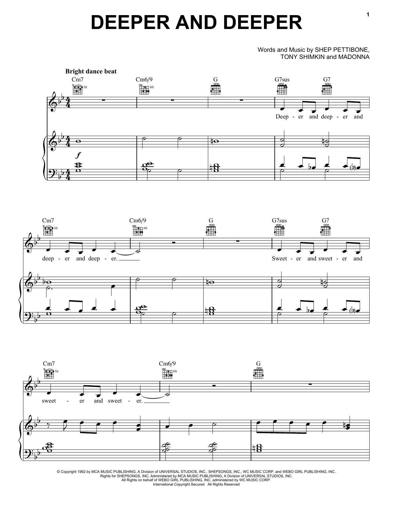 Download Madonna Deeper And Deeper Sheet Music and learn how to play Piano, Vocal & Guitar Chords (Right-Hand Melody) PDF digital score in minutes