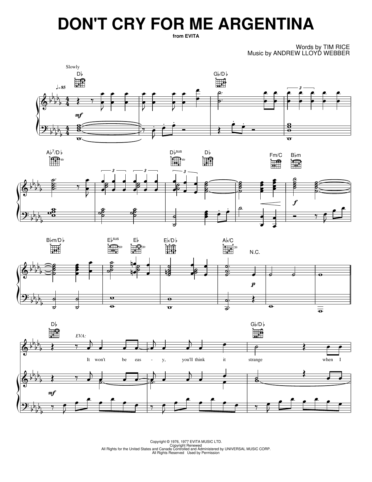 Download Madonna Don't Cry for Me Argentina Sheet Music and learn how to play Piano, Vocal & Guitar Chords (Right-Hand Melody) PDF digital score in minutes
