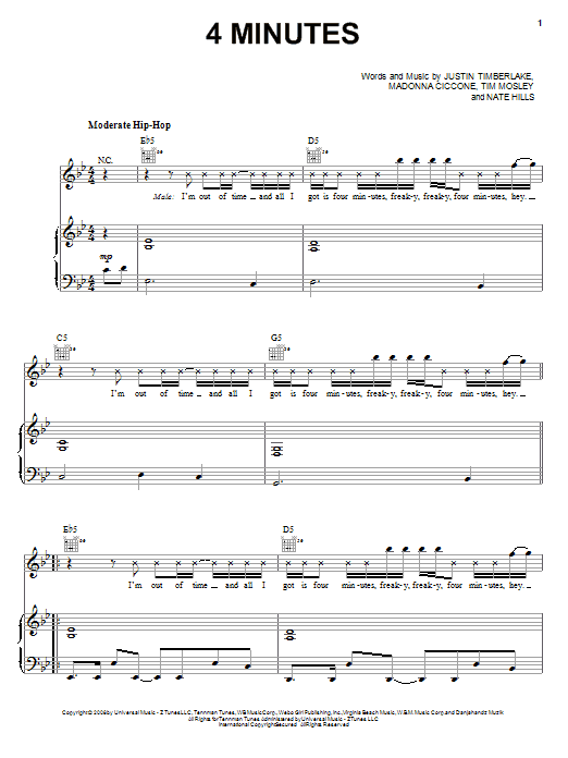 Download Madonna 4 Minutes (feat. Justin Timberlake) Sheet Music and learn how to play Piano, Vocal & Guitar (Right-Hand Melody) PDF digital score in minutes