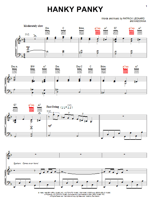 Download Madonna Hanky Panky Sheet Music and learn how to play Piano, Vocal & Guitar (Right-Hand Melody) PDF digital score in minutes